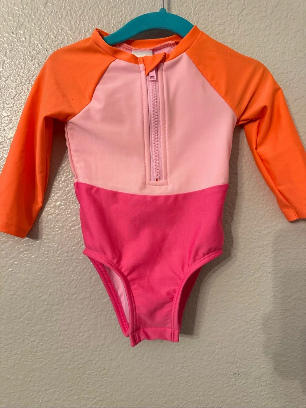 Cat & Jack Girls' Colorblock Long-Sleeve One-Piece Swimsuit - Orange/Pink